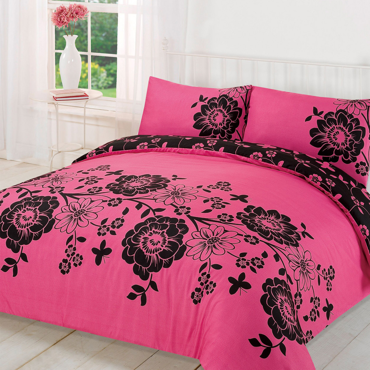 Roslyn Duvet Cover with pillowcase set - Pink/Black - King Size >