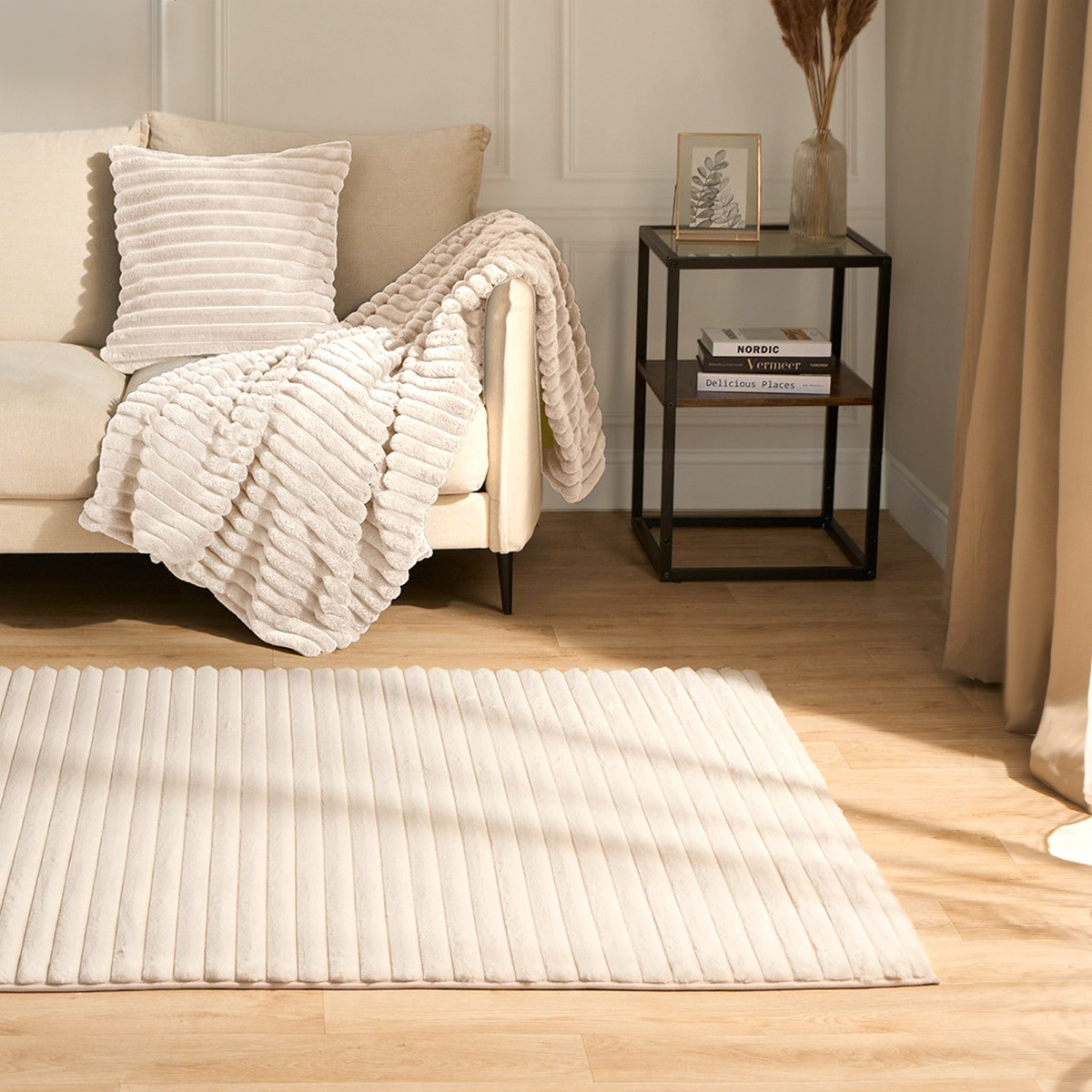 OHS Faux Fur Ribbed Rug, Natural - 160 x 230cm>