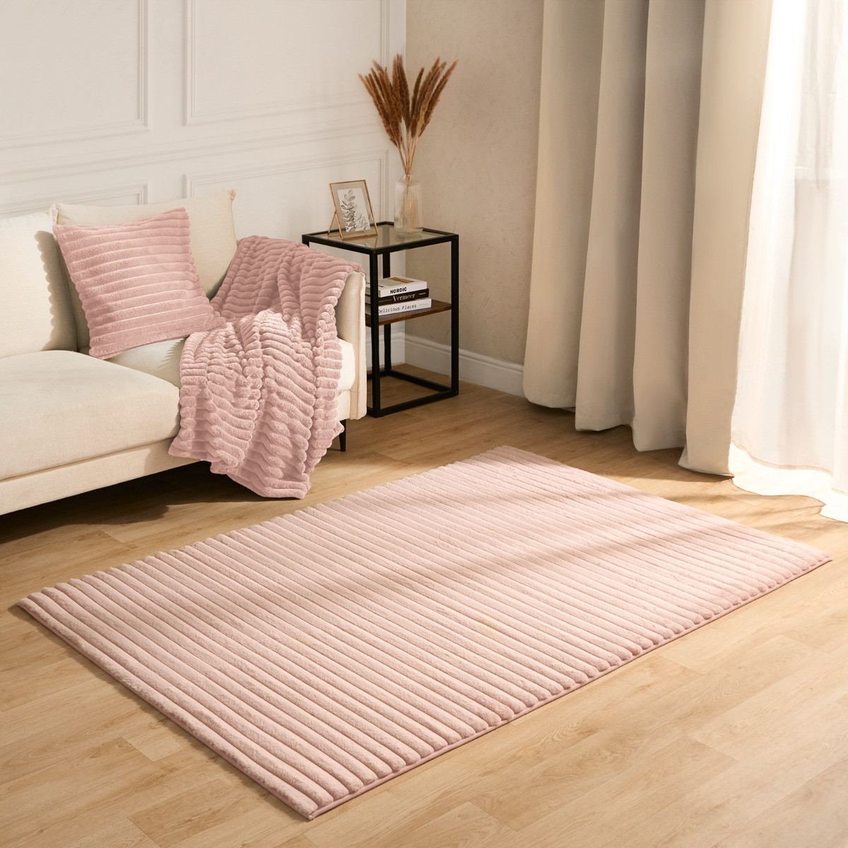 OHS Faux Fur Ribbed Rug - Blush