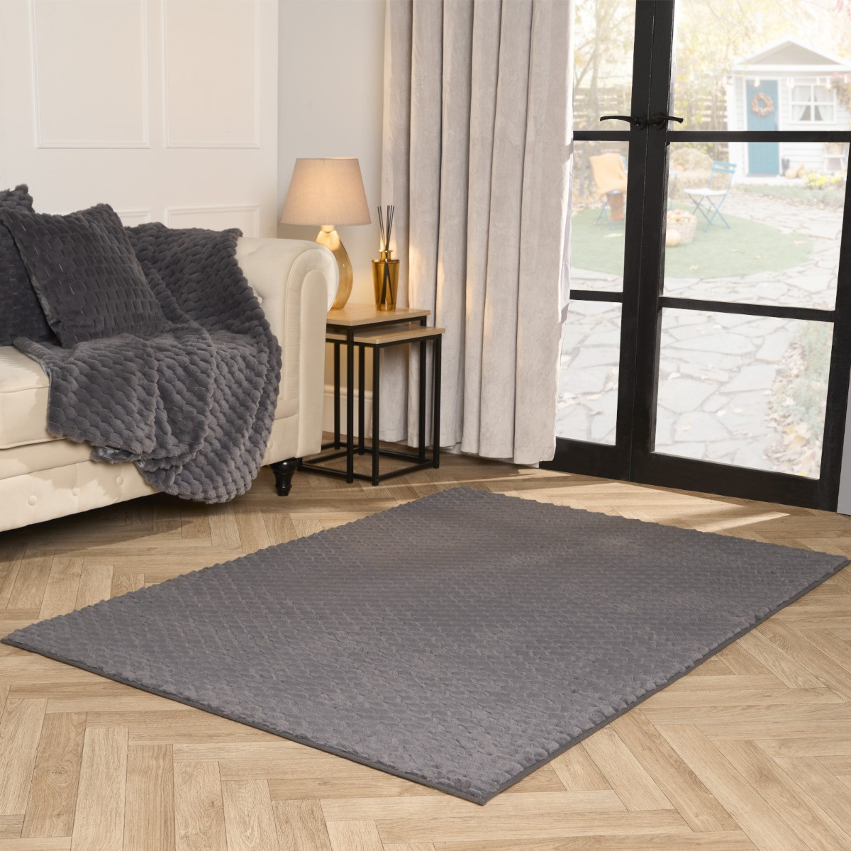 OHS Waffle Faux Fur Rug, Charcoal - 120 x 170cm>