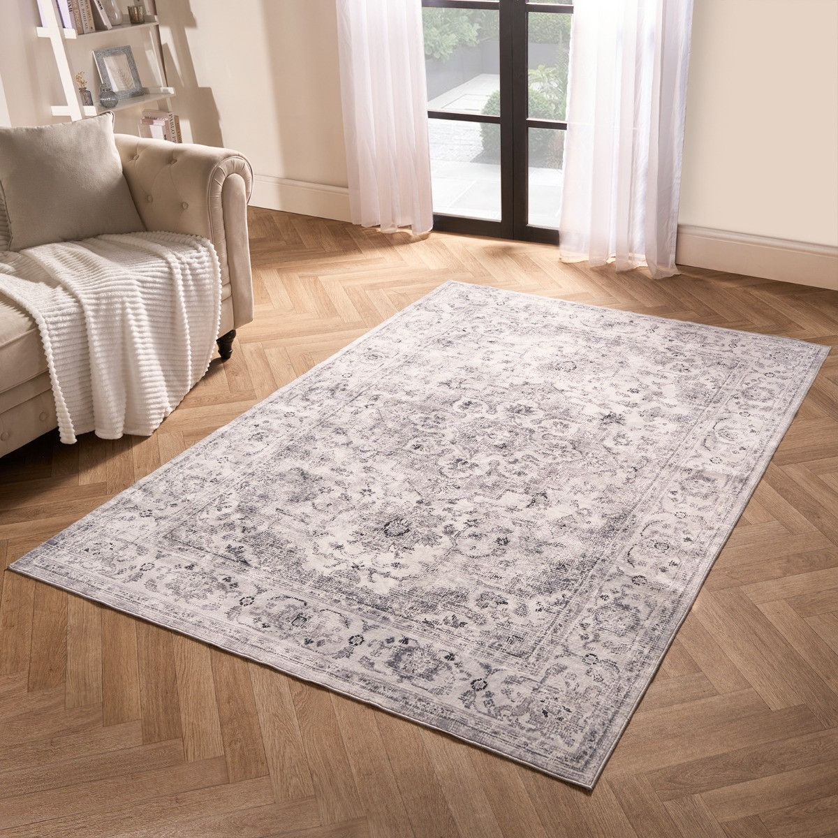 OHS Washable Vintage Printed Rug, Grey - 120 x 170 cm>