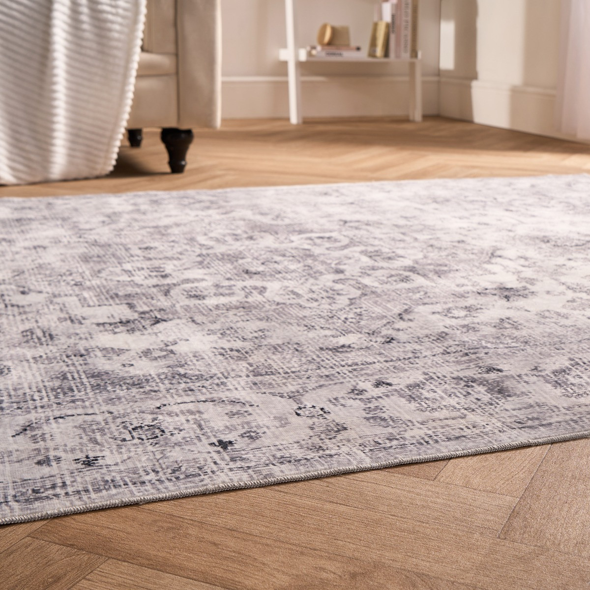 OHS Washable Vintage Printed Rug, Grey - 120 x 170 cm>