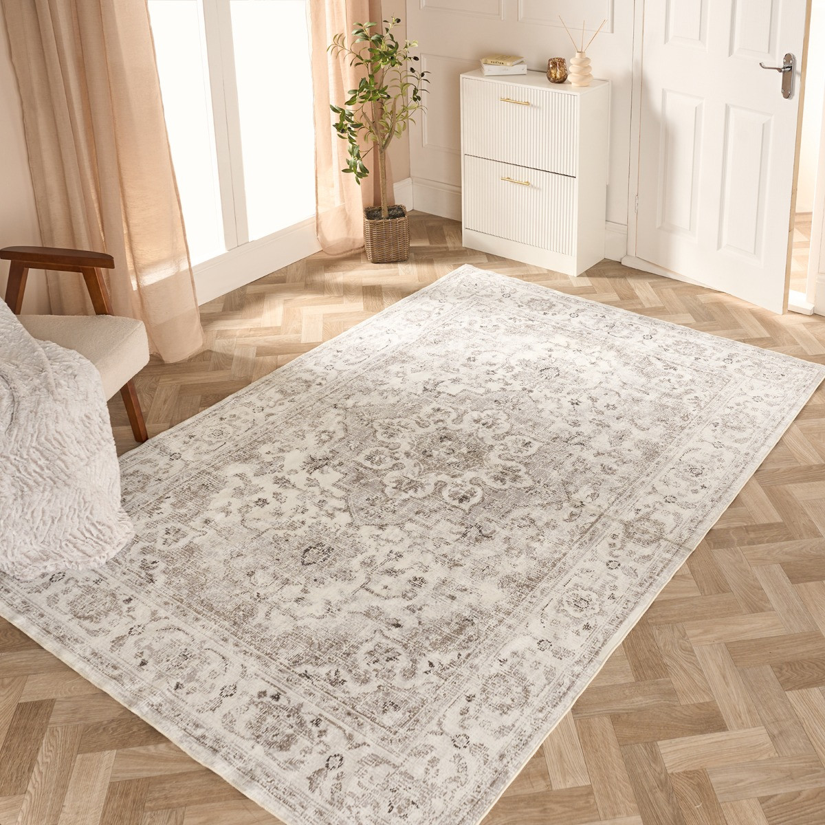 OHS Washable Vintage Printed Rug, Natural - 80 x 150 cm>
