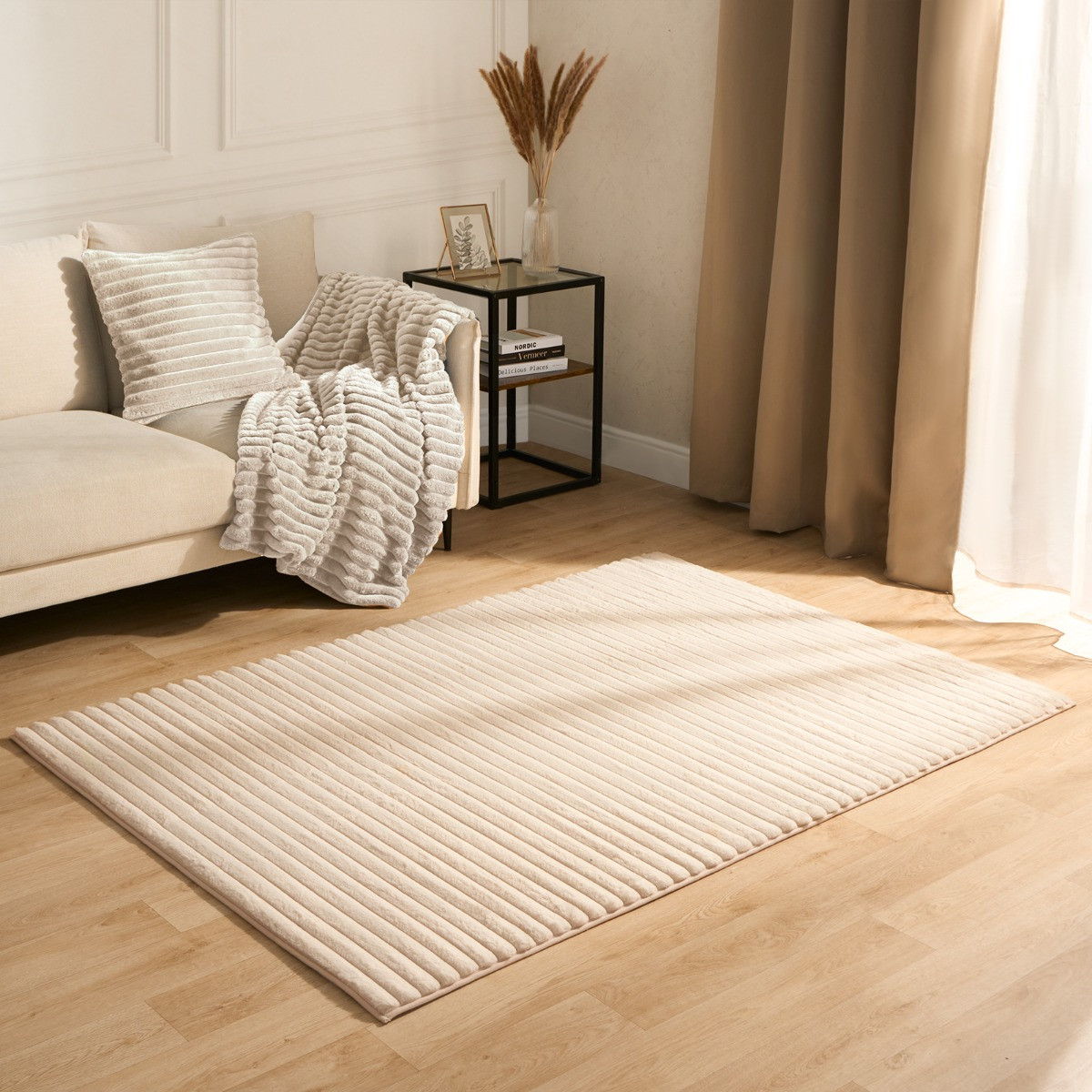 OHS Faux Fur Ribbed Rug, Natural - 80 x 150cm>