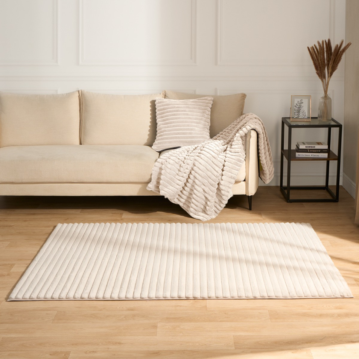 OHS Faux Fur Ribbed Rug, Natural - 80 x 150cm>