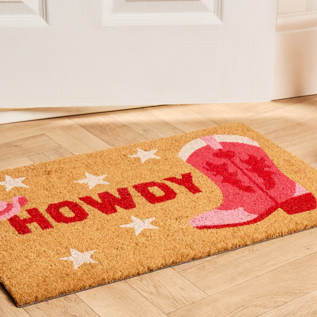 OHS Howdy Cowboy Print Coir Mat - Pink/Natural>