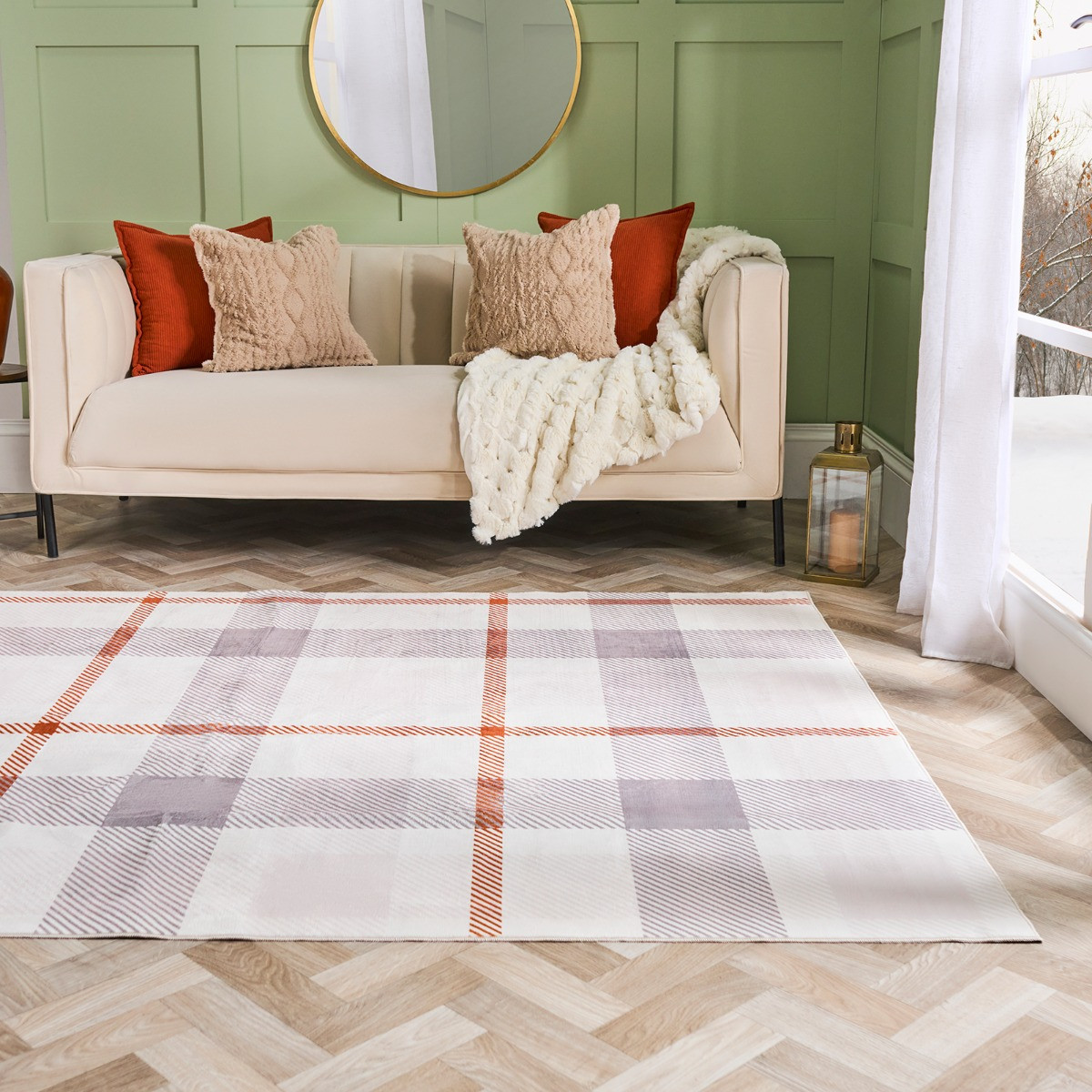 OHS Printed Washable Check Rug, Rust/ Natural - 120 x 170cm>