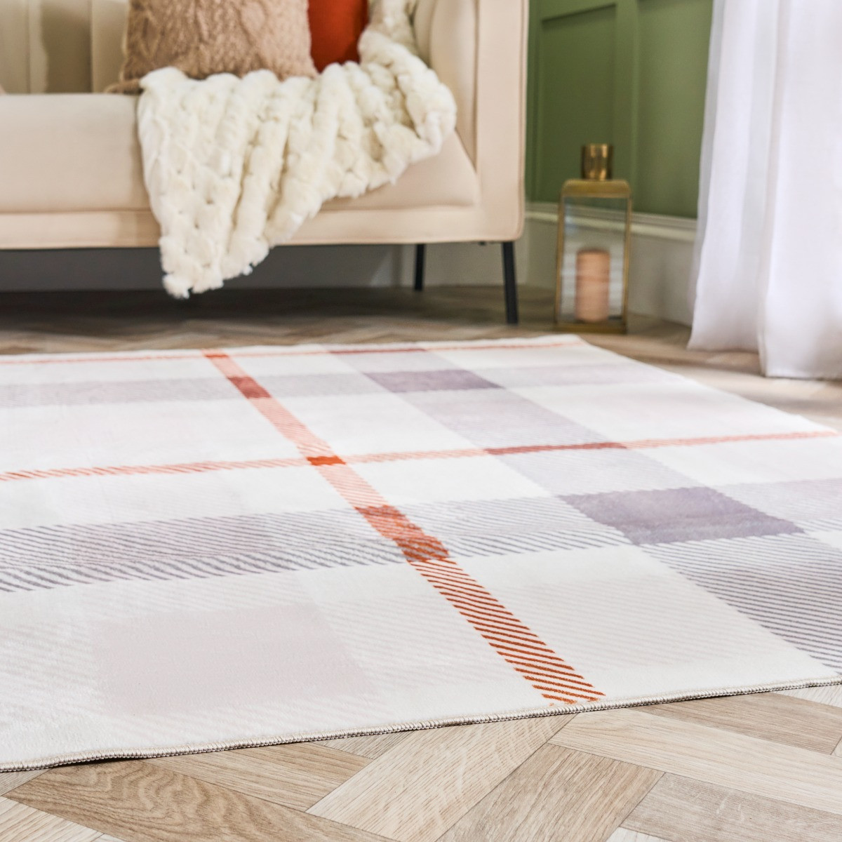 OHS Printed Washable Check Rug, Rust/ Natural - 120 x 170cm>