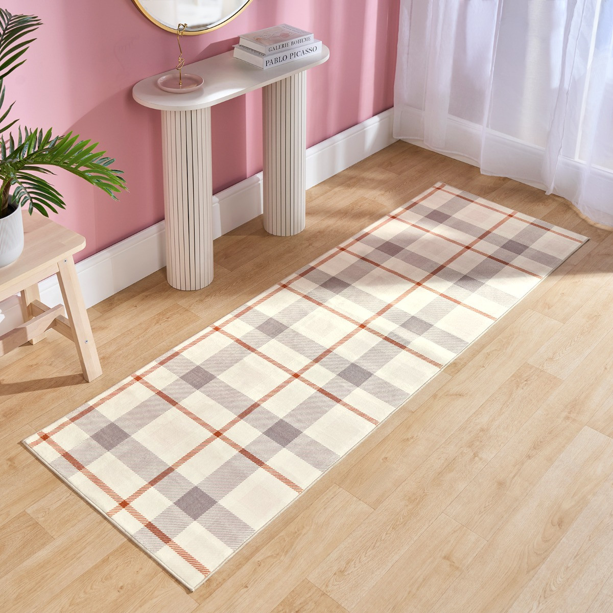 OHS Printed Washable Check Runner - Rust/Natural >