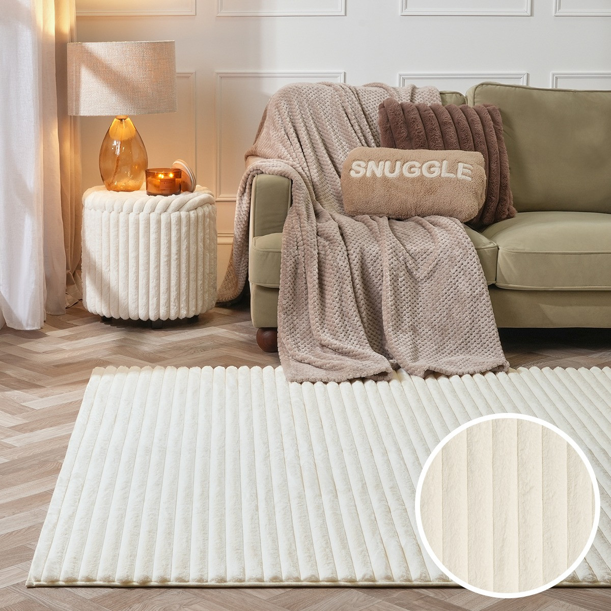 OHS Faux Fur Ribbed Rug, Cream - 160 x 230cm>