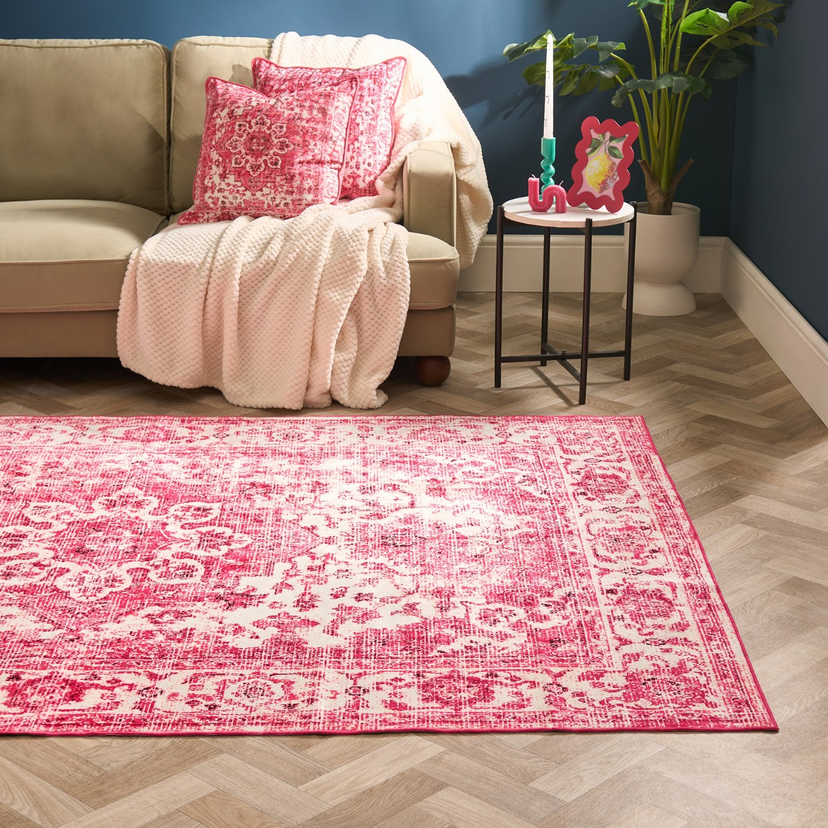 OHS Washable Vintage Printed Rug, Pink - 120 x 170cm>