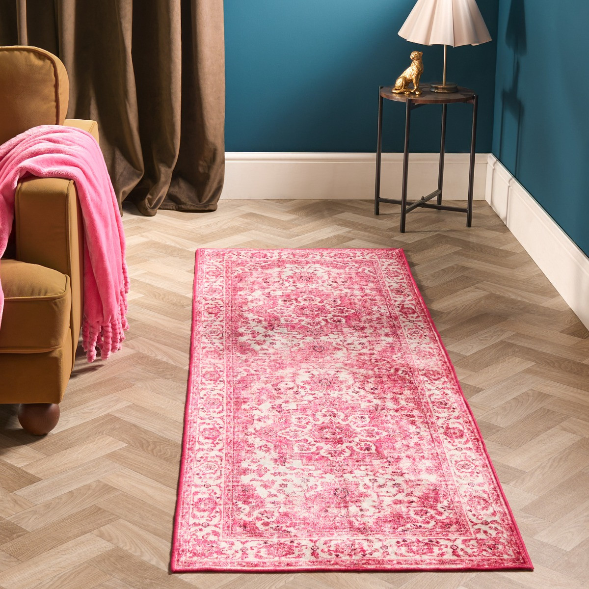 OHS Washable Vintage Printed Runner - Pink>