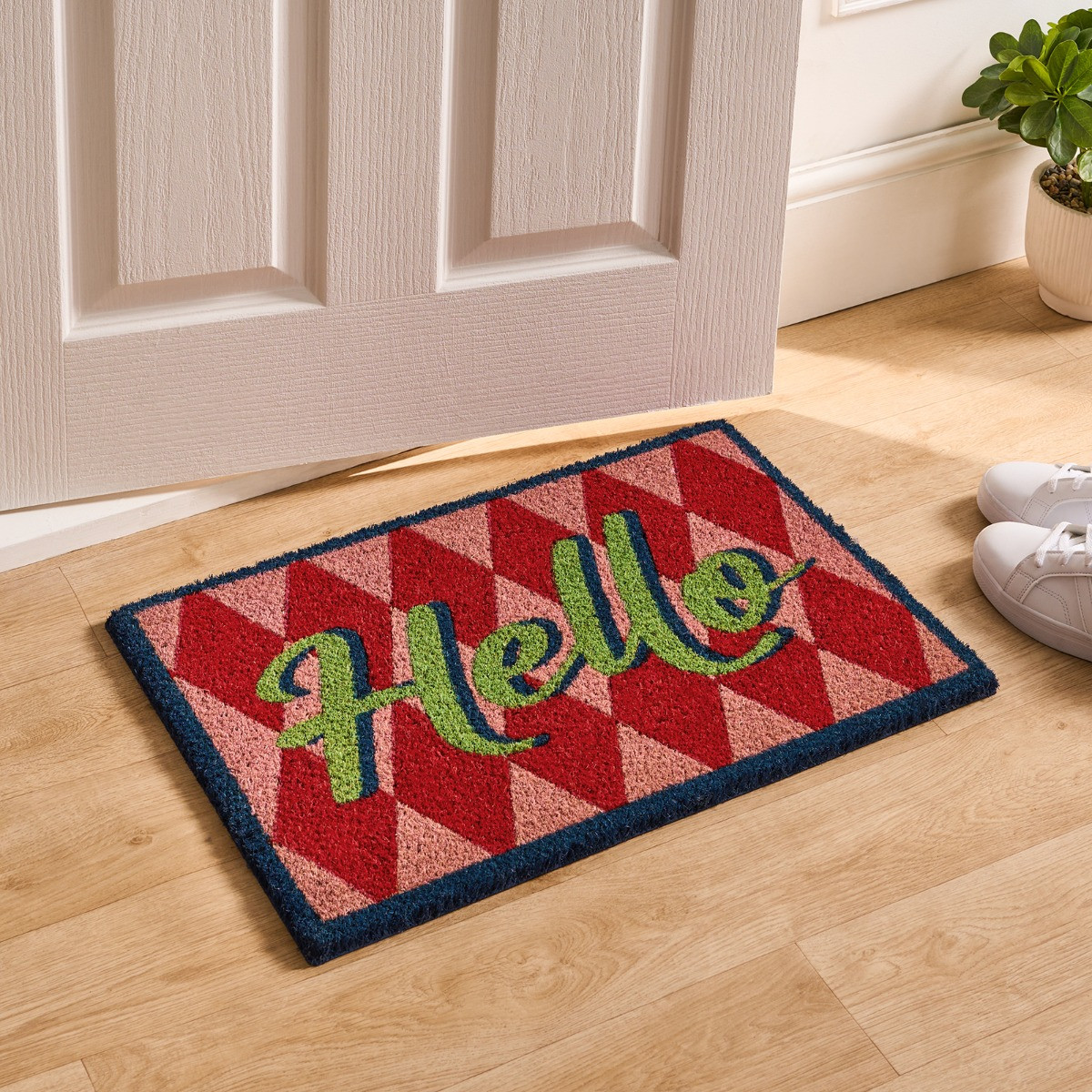OHS Hello Printed Coir Mat - Pink/Red>
