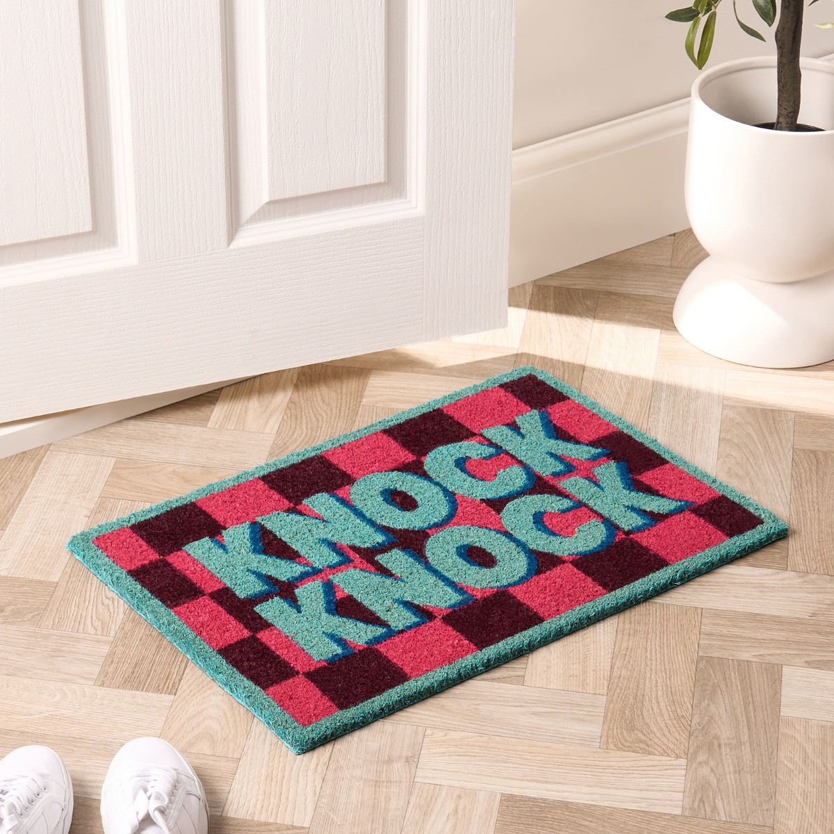 OHS Knock Knock Printed Coir Mat - Pink/Blue>