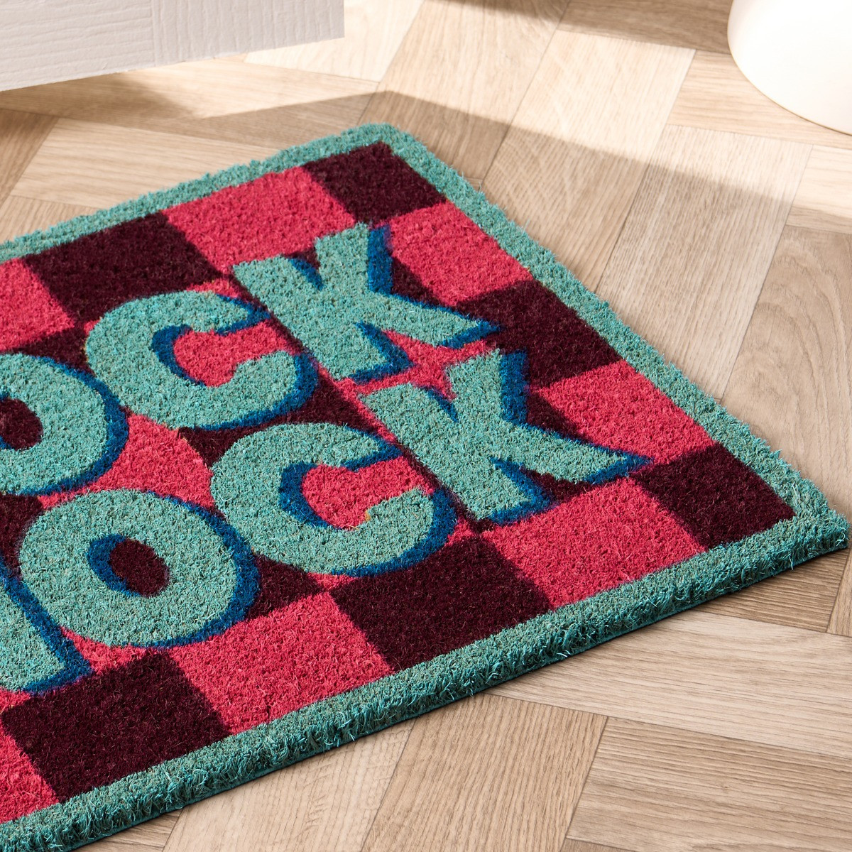 OHS Knock Knock Printed Coir Mat - Pink/Blue>