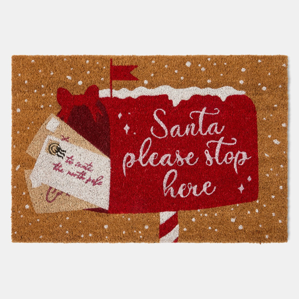 OHS Santa Stop Here Printed Coir Mat - Brown/Red>