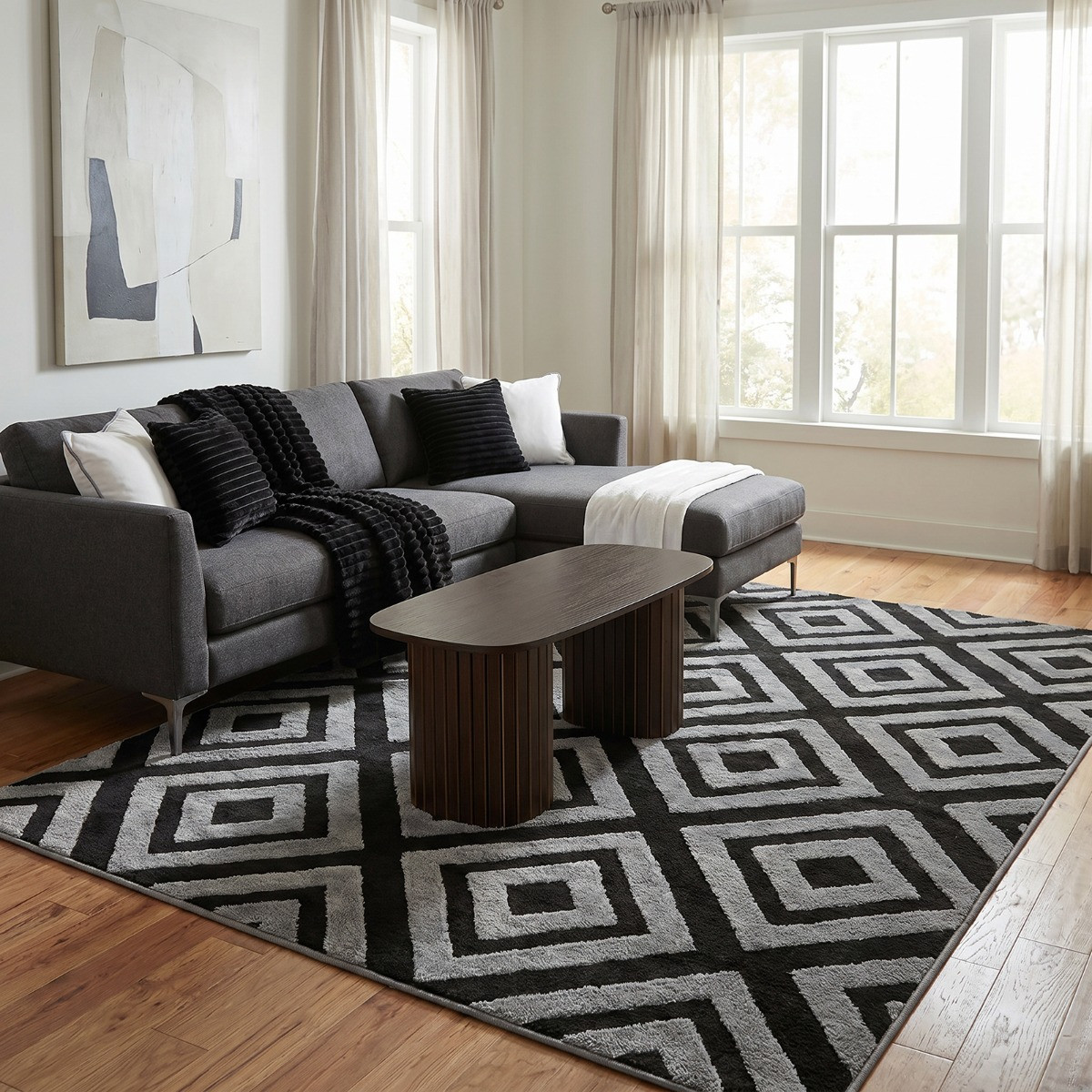 OHS Contrast Tufted Geometric Rug - Grey/Black>