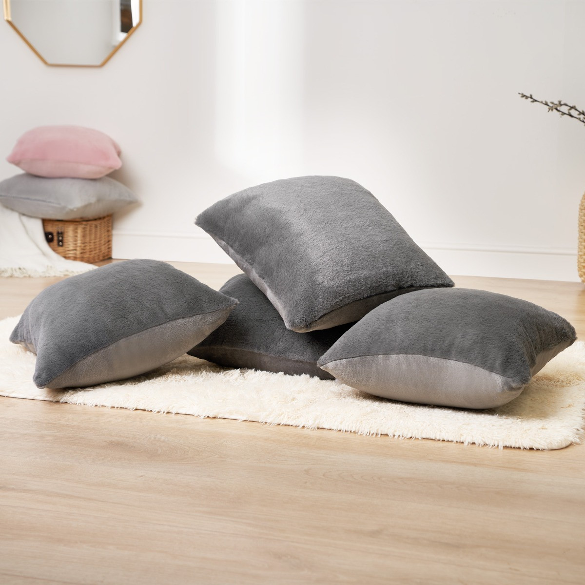 Sienna Faux Fur Cushion Covers - Charcoal>