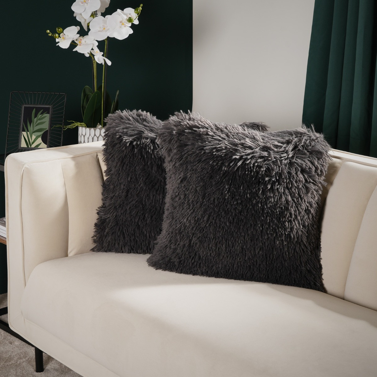 Sienna Faux Mongolian Fur Cushion Covers, Charcoal - 45 x 45 cm>