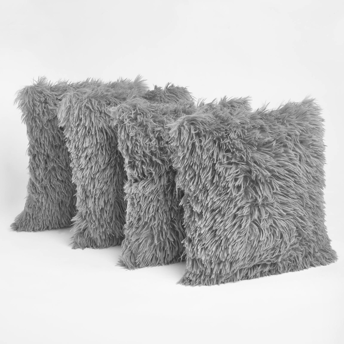 Sienna 4 Pack Faux Mongolian Fur Cushion Covers, Silver - 55 x 55cm>