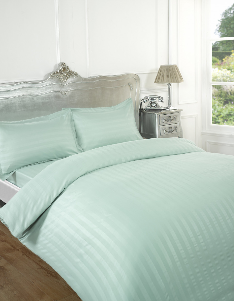 Dreamscene Complete Duvet Cover with Pillowcases Fitted Sheet Sateen Stripe - Duck Egg - King Size>