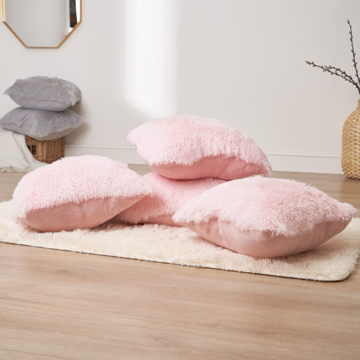 Sienna 4 Pack Fluffy Cushion Covers, Blush - 55 x 55cm>