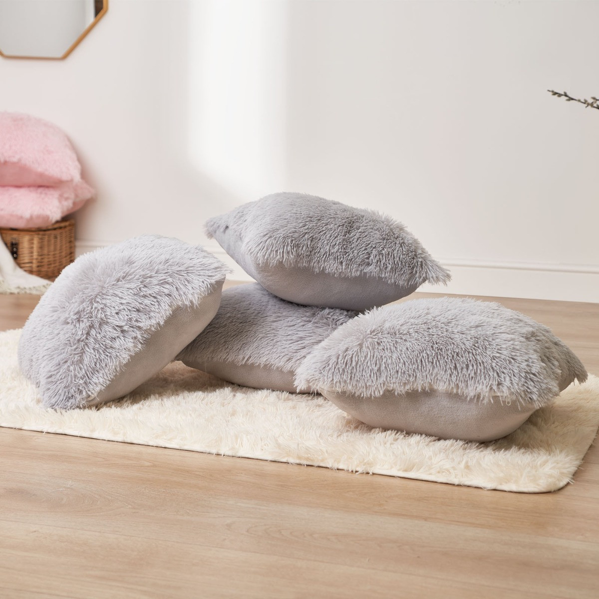 Sienna Fluffy Cushion Covers 55 x 55cm - Silver>