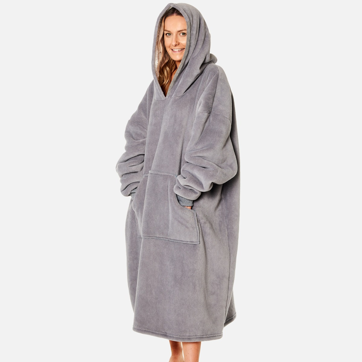 Sienna Extra-Long Sherpa Hoodie Blanket - Charcoal >