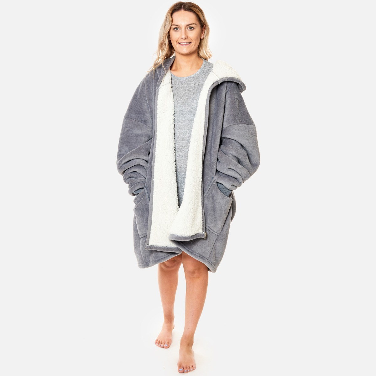 Sienna Sherpa  Zip Up Hoodie Blanket, Adults - Charcoal Grey>