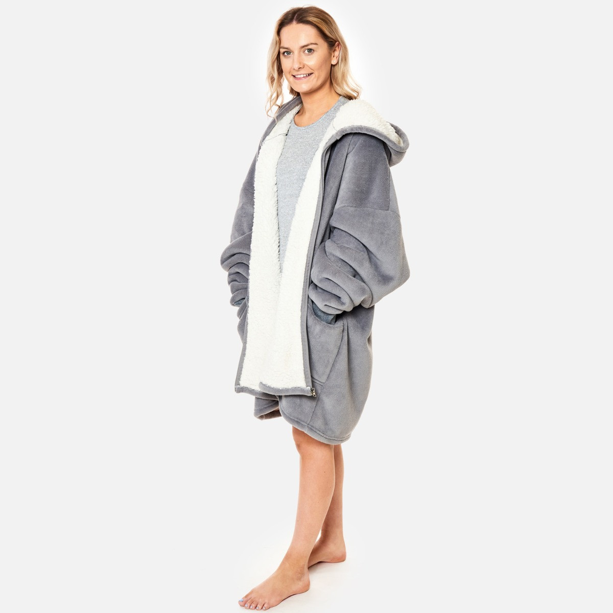 Sienna Sherpa  Zip Up Hoodie Blanket, Adults - Charcoal Grey>