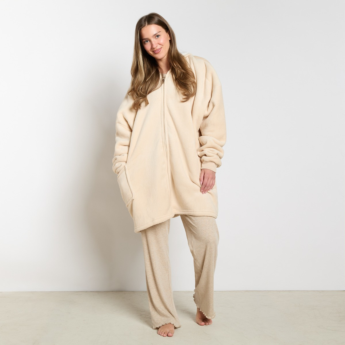 OHS Sherpa  Zip Up Hoodie Blanket, Adults - Natural>