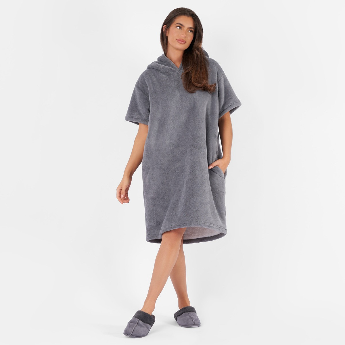 OHS Short Sleeve Hoodie Blanket Dress - Charcoal>