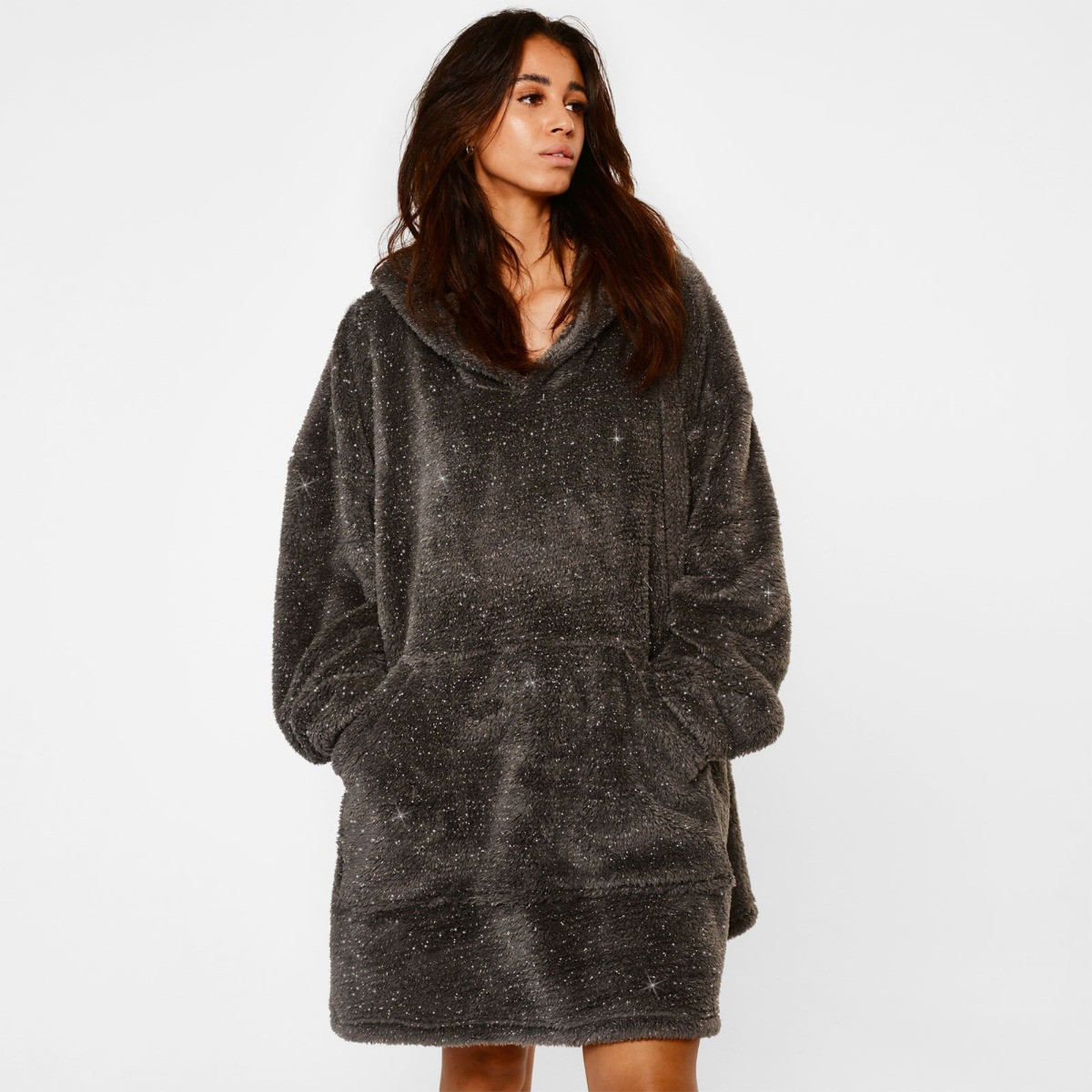 OHS Teddy Fleece Glitter Hoodie Blanket - Charcoal Grey>