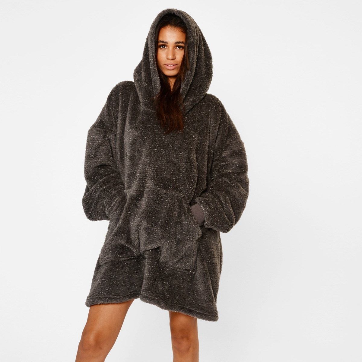 OHS Teddy Fleece Glitter Hoodie Blanket - Charcoal Grey>
