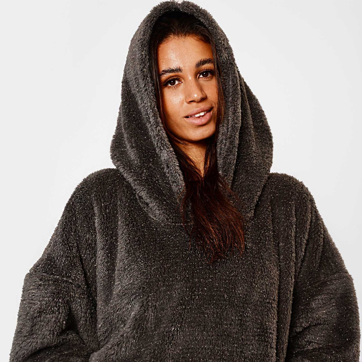 OHS Teddy Fleece Glitter Hoodie Blanket - Charcoal Grey>
