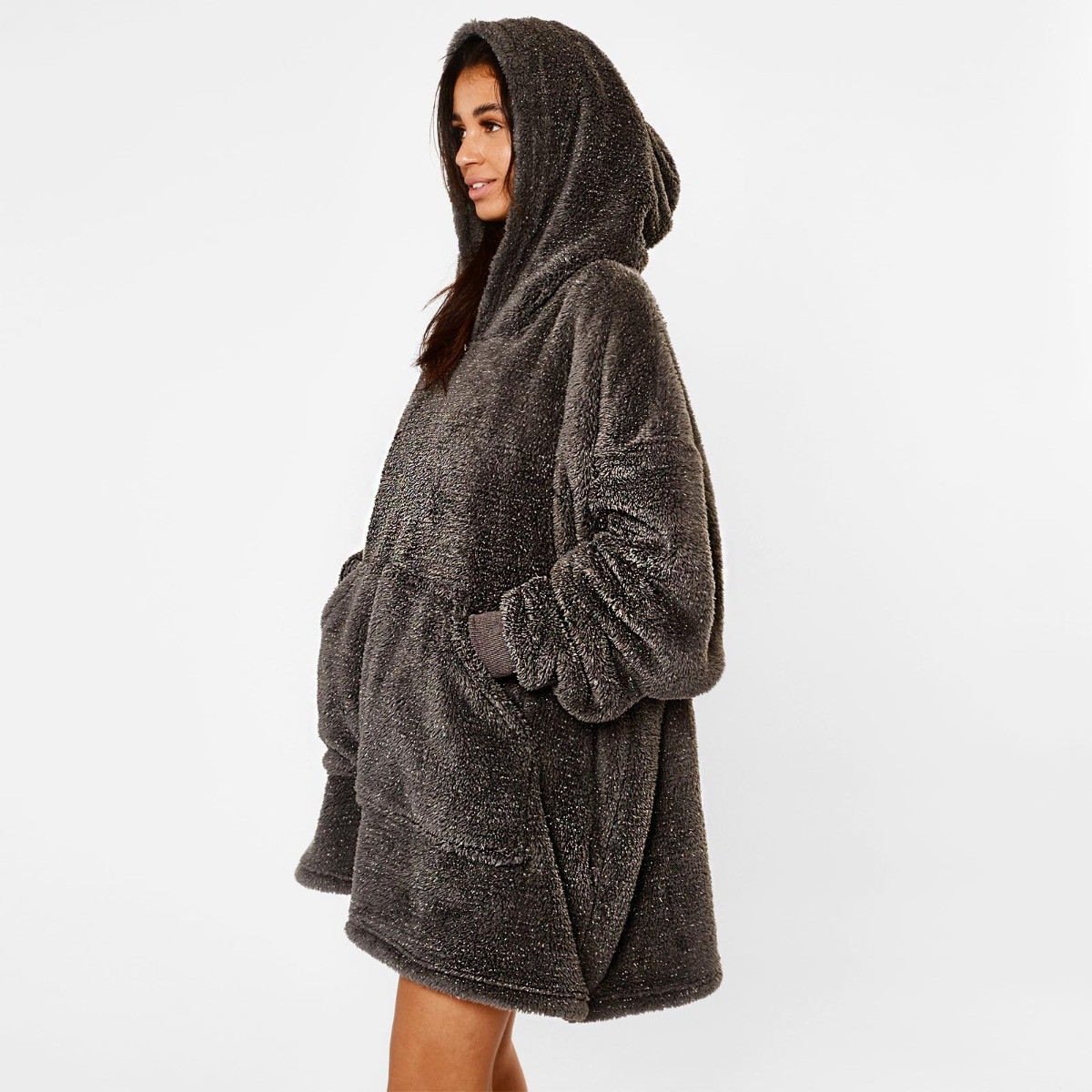 OHS Teddy Fleece Glitter Hoodie Blanket - Charcoal Grey>