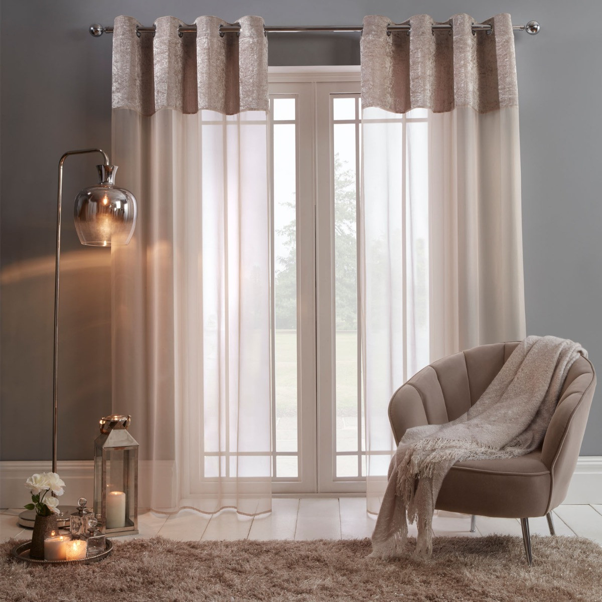 Sienna Crushed Velvet Voile Curtains, Natural - 55" x 87">