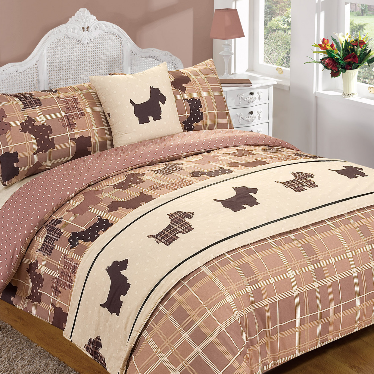 Dreamscene Tartan Scottie Dog 5 Piece Bed in a Bag Duvet Cover - Chocolate Brown - Single>