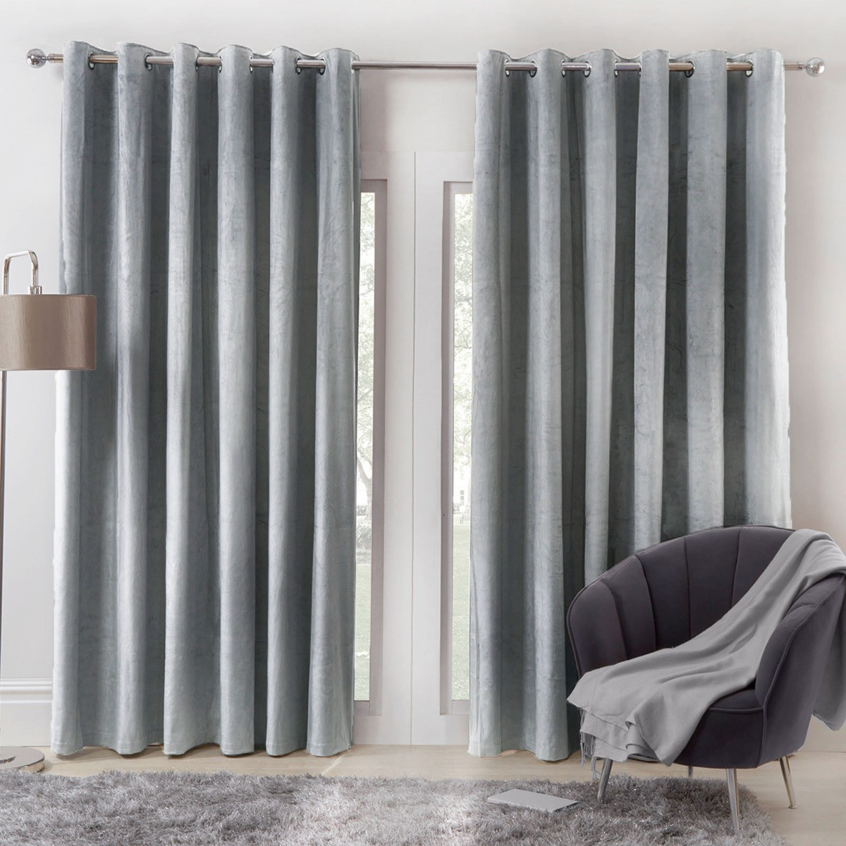 OHS Capri Velvet Eyelet Curtains - Grey>