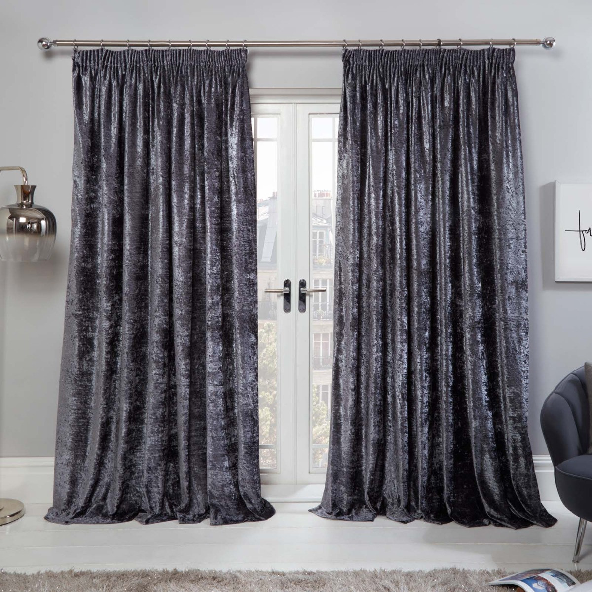 OHS Pencil Pleat Crushed Velvet Curtains - Charcoal>