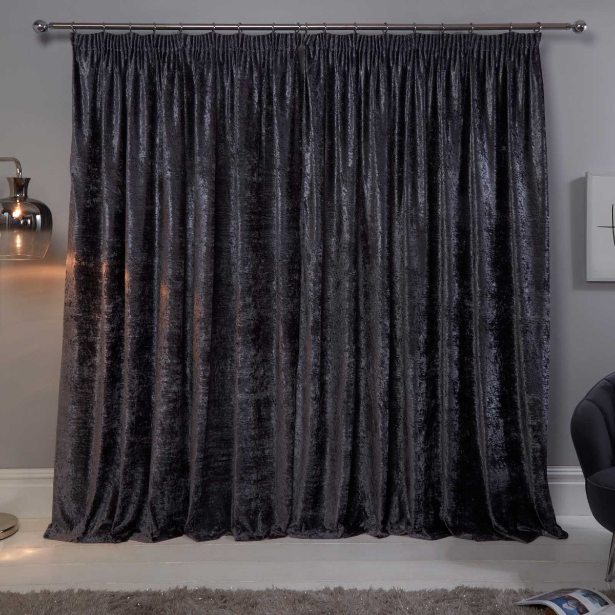 Sienna Crushed Velvet Pencil Pleat Curtains - Charcoal>