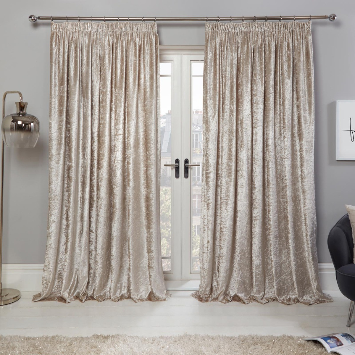 Sienna Crushed Velvet Pencil Pleat Curtains - Natural>