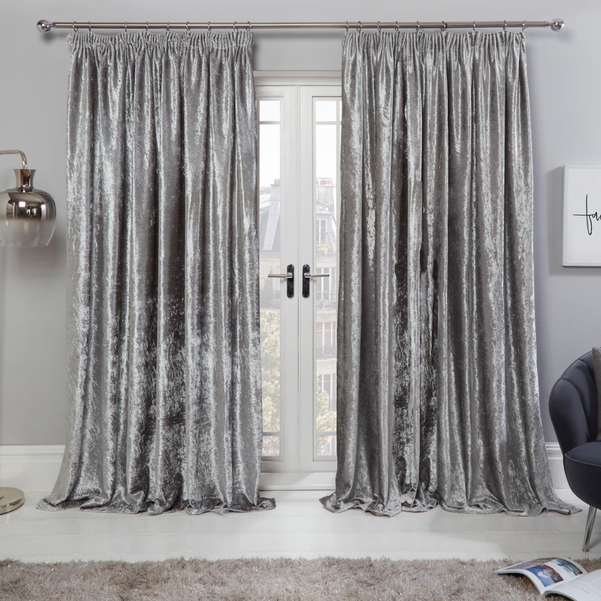 OHS Crushed Velvet Pencil Pleat Curtains, Silver - 66 x 54>