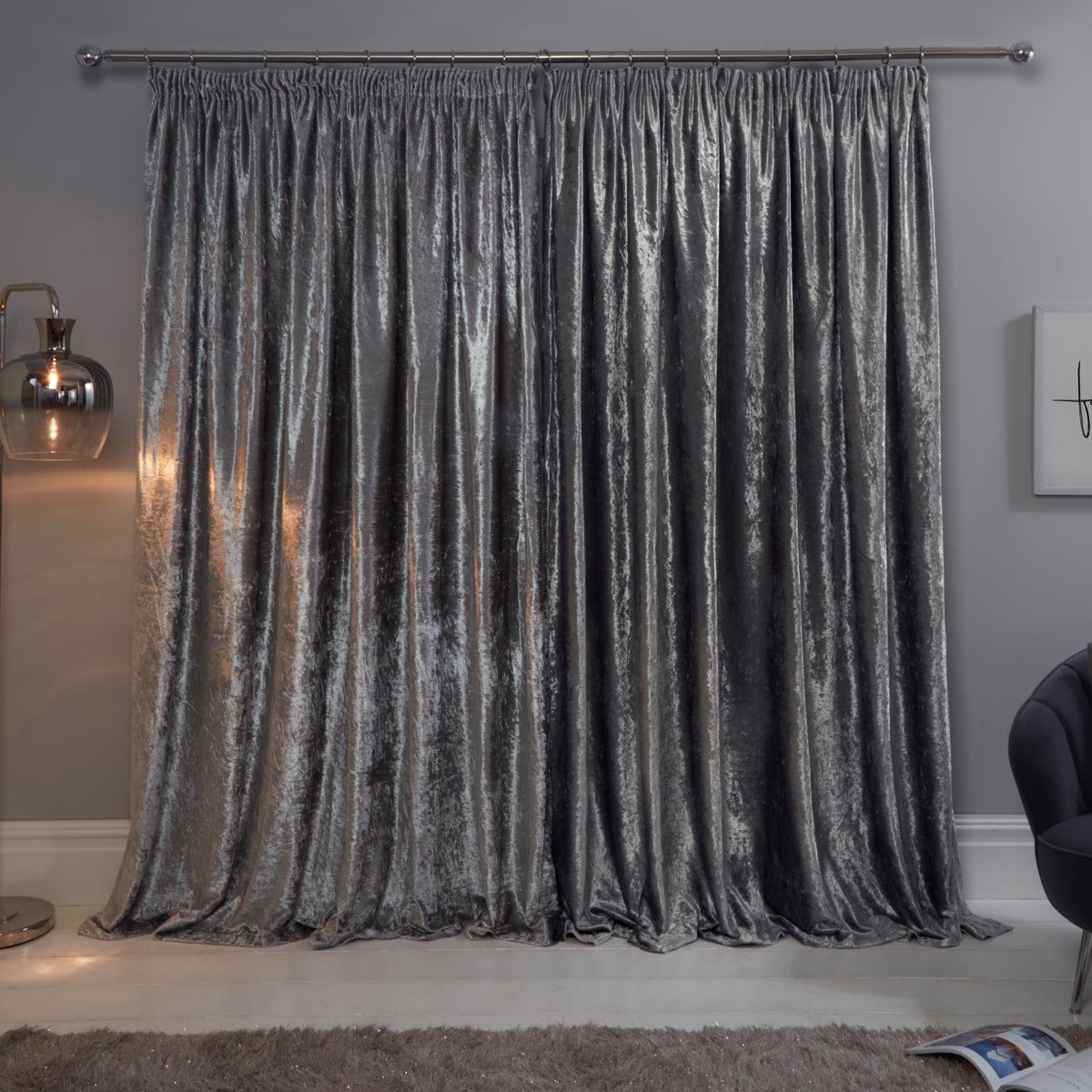 OHS Crushed Velvet Pencil Pleat Curtains, Silver - 66 x 54>