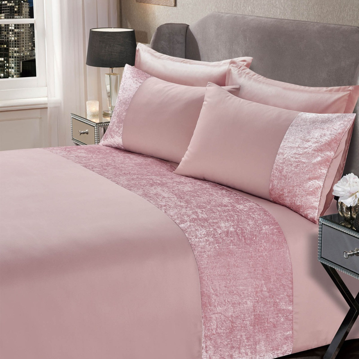 OHS Crushed Velvet Band Duvet Set - Blush Pink>
