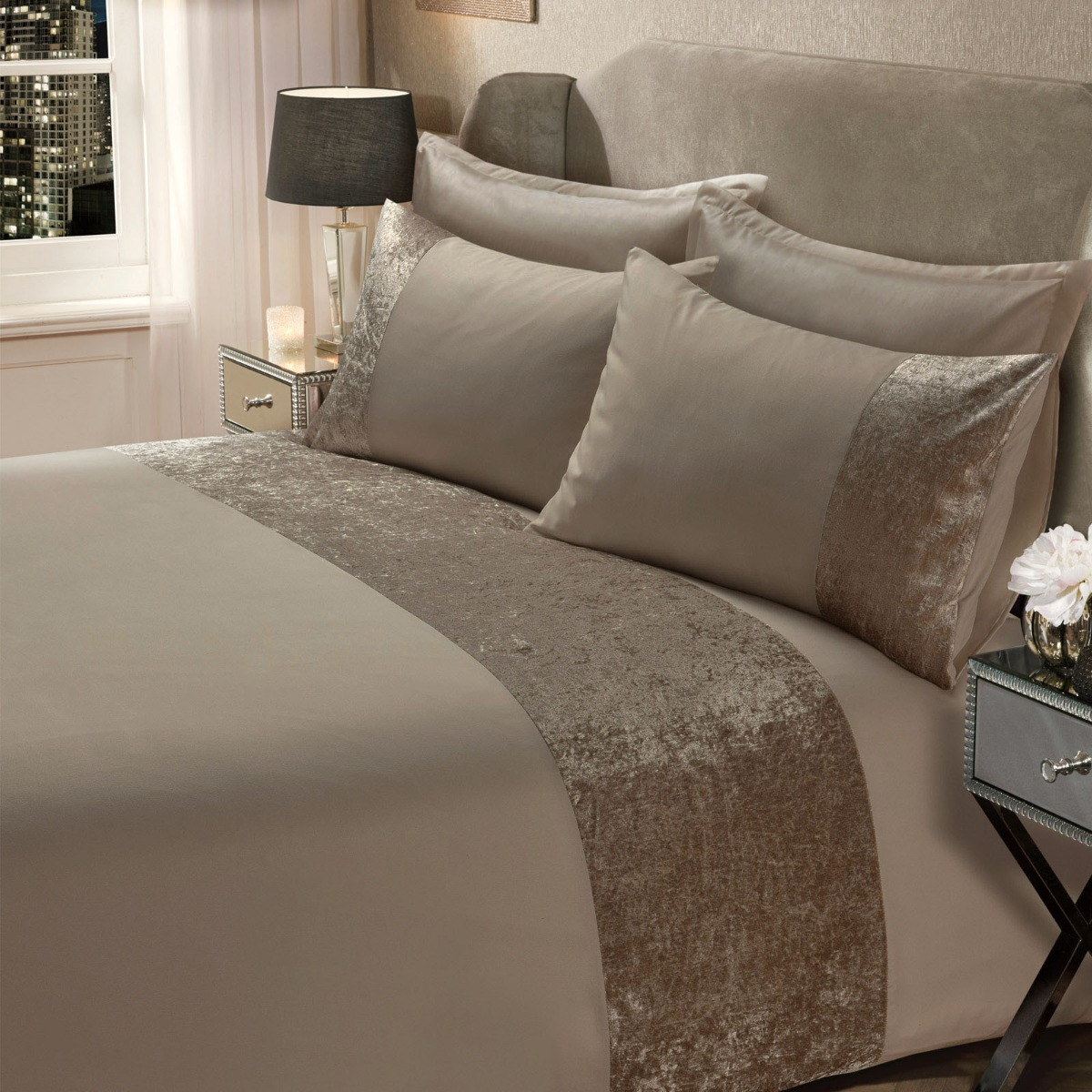 Sienna Crushed Velvet Band Duvet Set, Latte King
