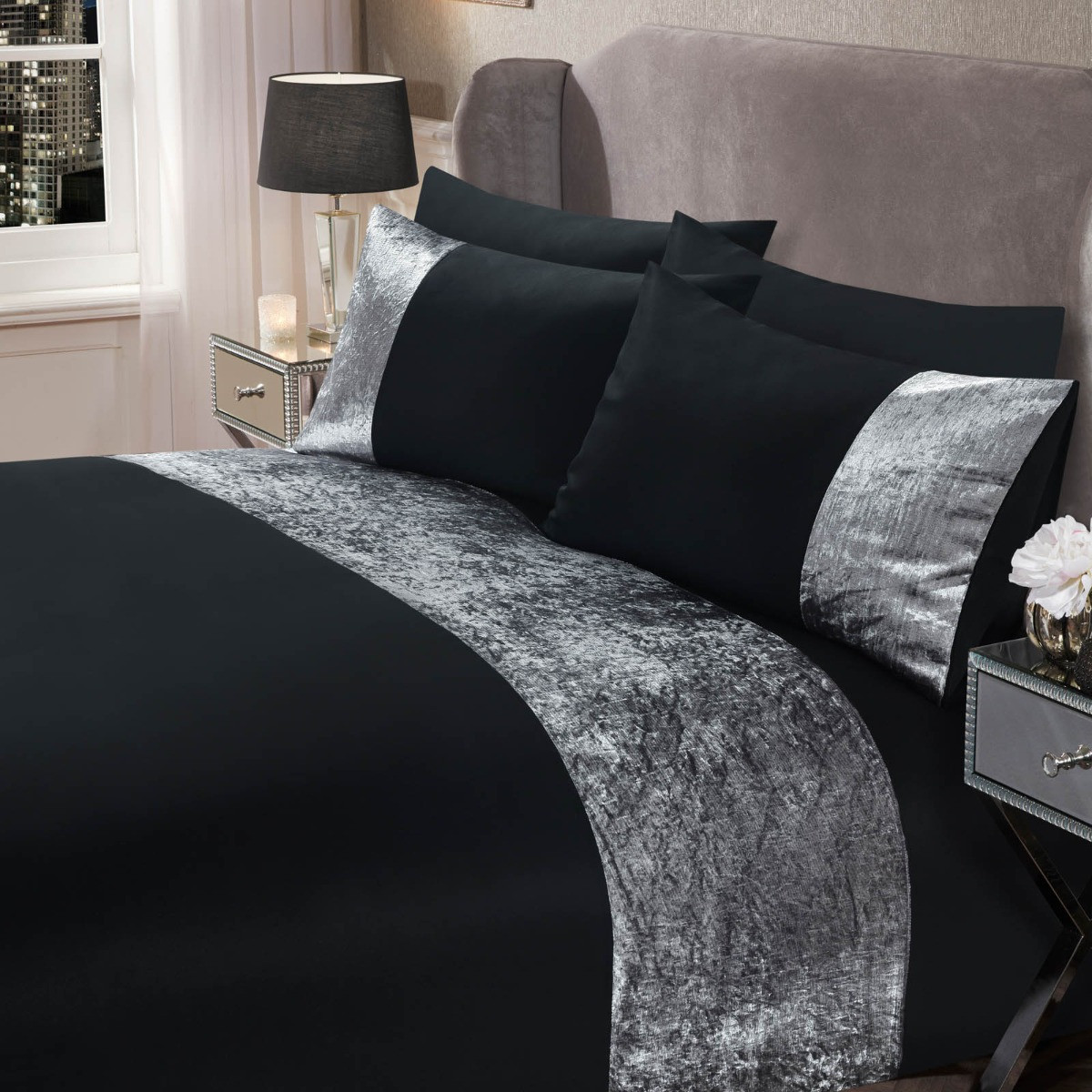 OHS Crushed Velvet Band Duvet Set, Black - Single>