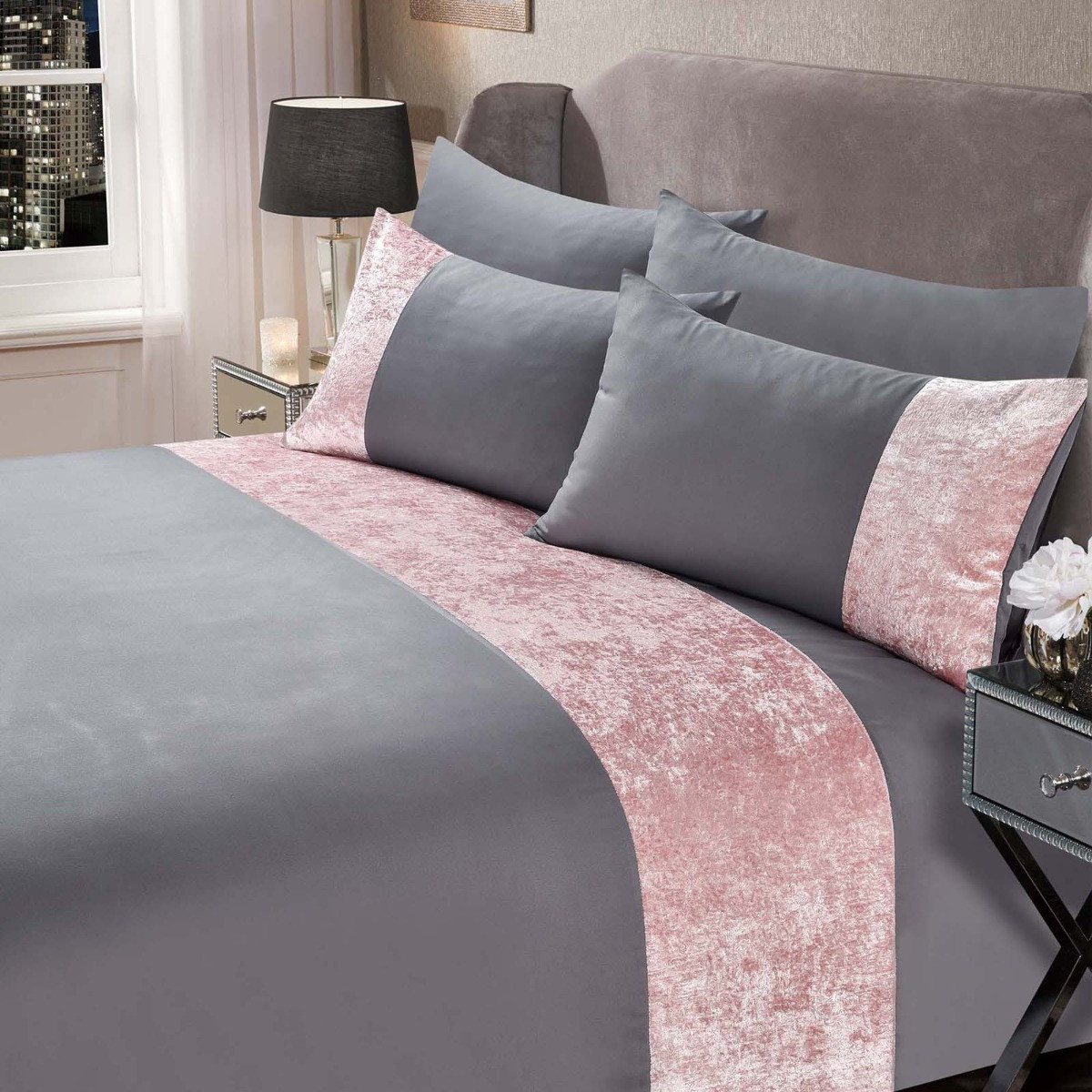 OHS Crushed Velvet Band Duvet Set, Silver/Blush Pink - Double>