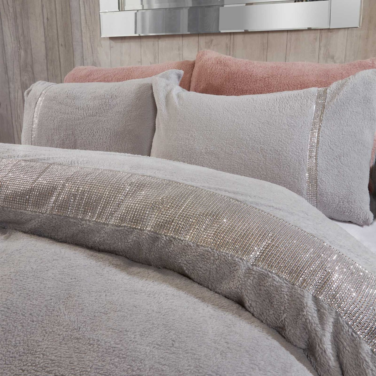 OHS Teddy Diamante Duvet Cover Set, Silver Grey - Single>