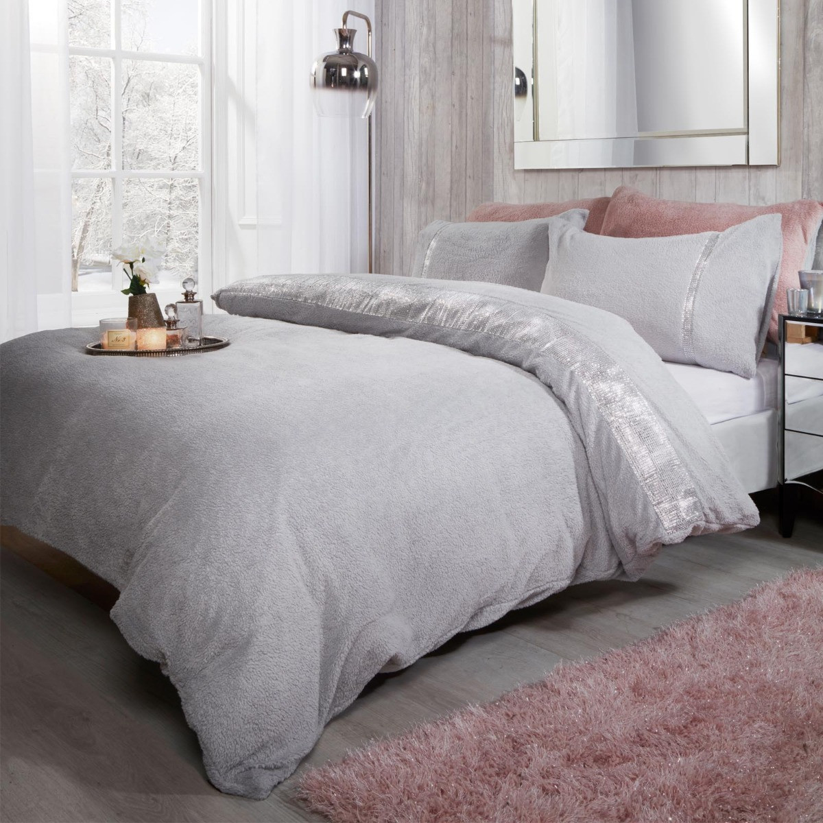 OHS Teddy Diamante Duvet Cover Set, Silver Grey - Single>